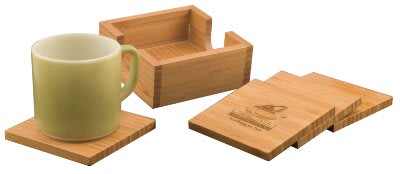 4” Bamboo Square 4-Coaster Set with Holder