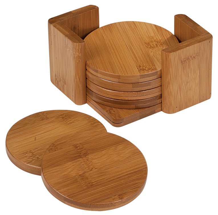 3 ¾” Bamboo Round 6-Coaster Set with Holder