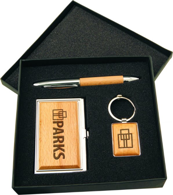 Silver & Wood Finish Gift Set with Business Card Case, Pen, and Keychain