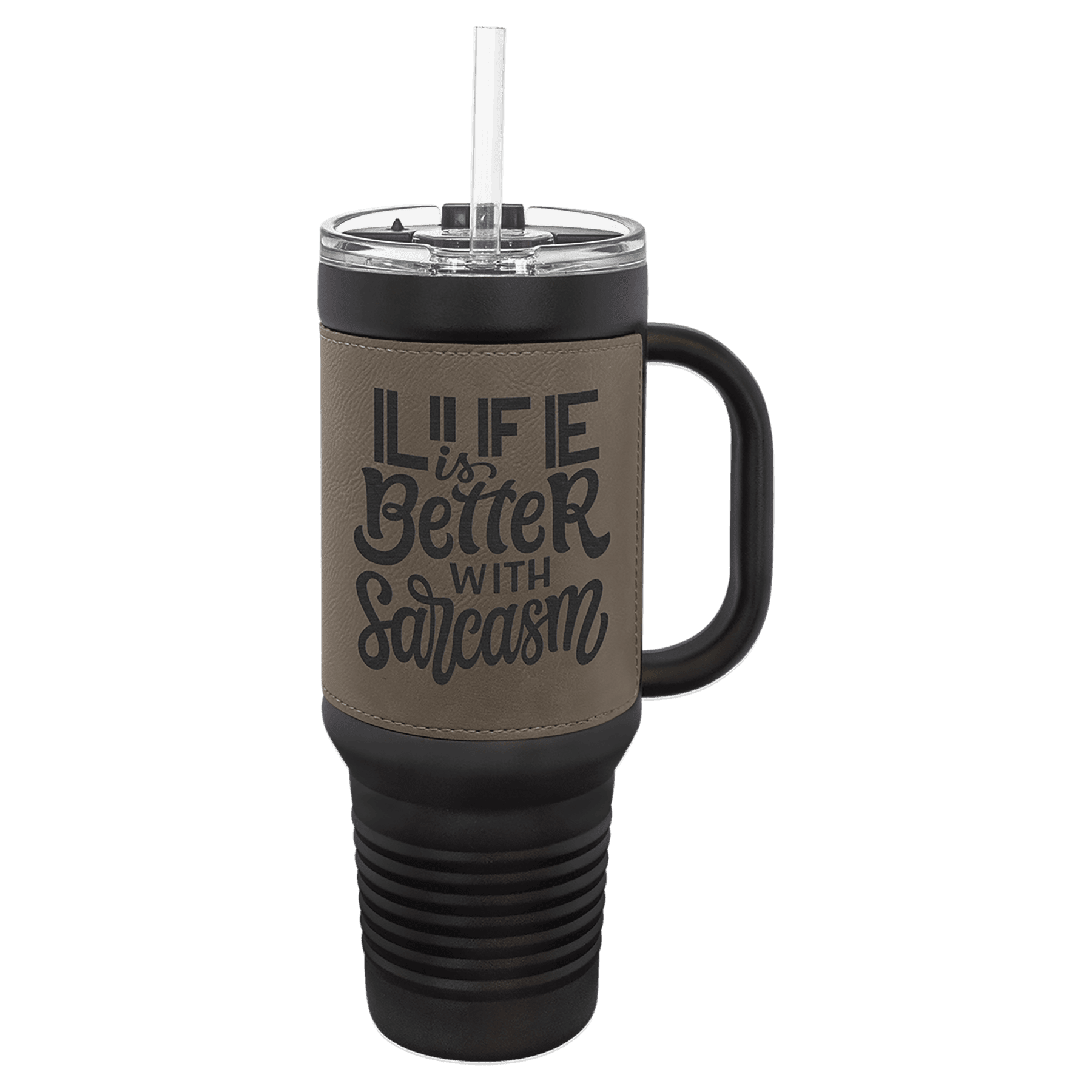 Polar Camel 40 oz Leatherette Travel Mug with Handle and Straw